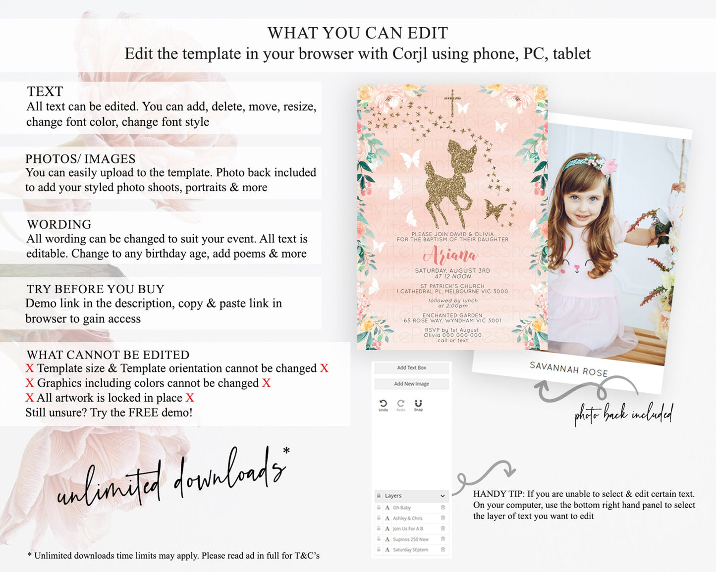 Fawn Baptism Invitation Deer Baptism 1st Birthday Invitation Enchanted Forest Christening Invitation Pastel Garden Butterfly Floral D10873