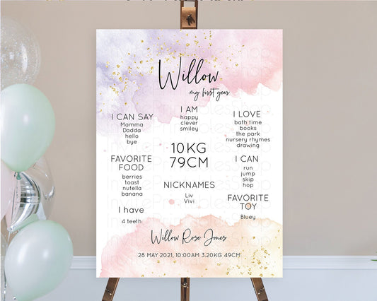 Pastel First Birthday Milestone Board Pastel Rainbow Milestone Poster Colorful Confetti Watercolor Glitter 1st Birthday Welcome Sign D10327