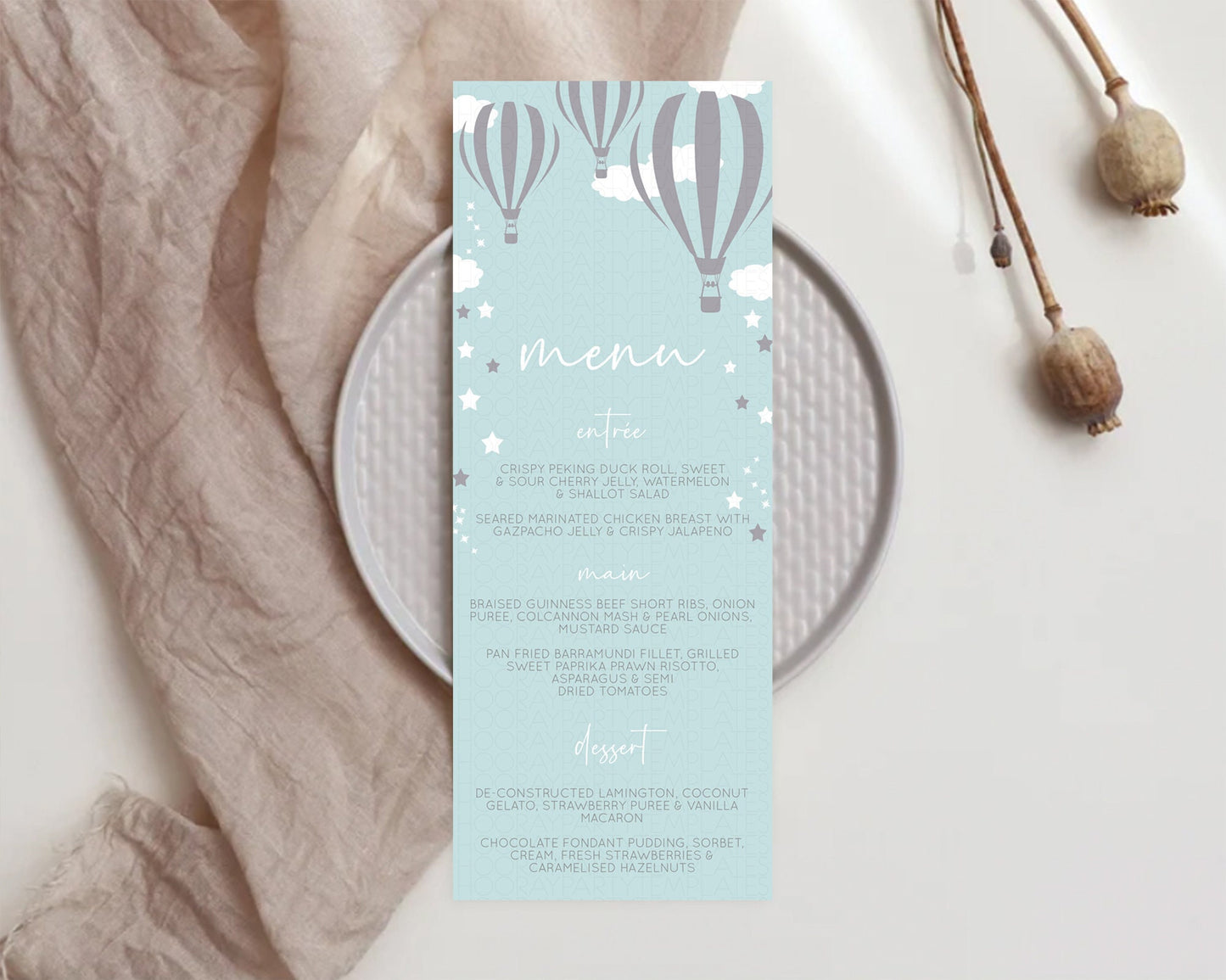 Hot Air Balloon Menu Hot Air Balloon Menu Template Hot Air Balloon Table Decor Adventure Awaits Dinner Dessert Party Food Menu D10324