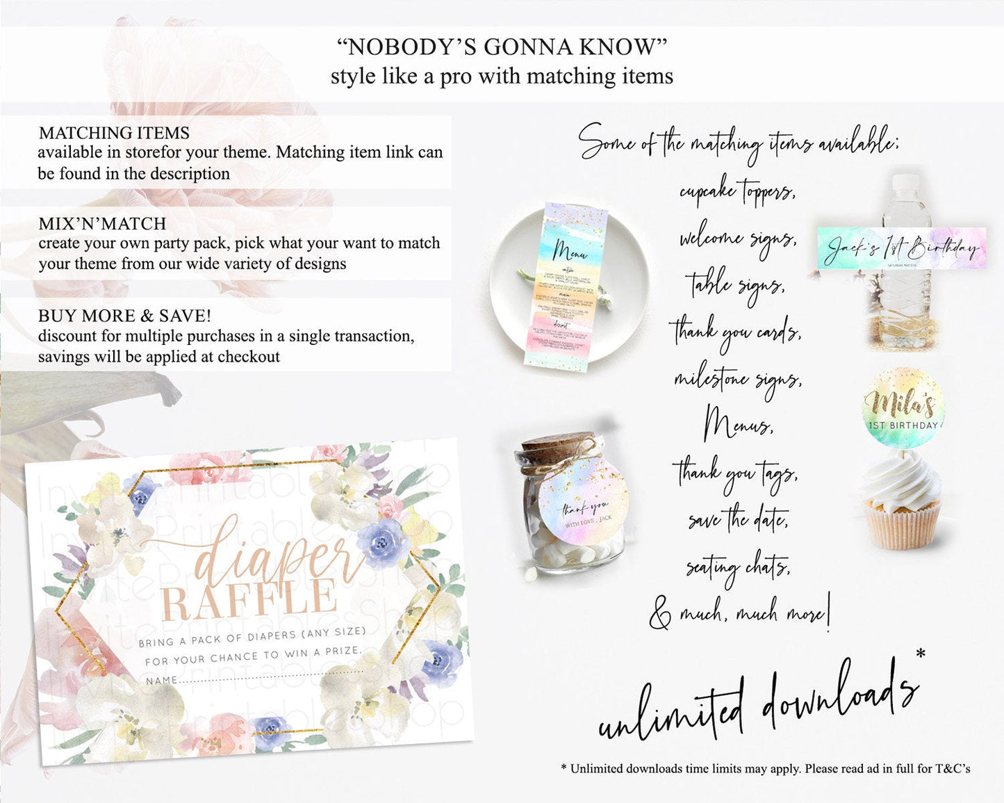 Secret Garden Diaper Raffle Card Boho Wildflower Diaper Raffle Insert Pastel Flower Garden Baby Shower Card Flower Raffle Game D10254
