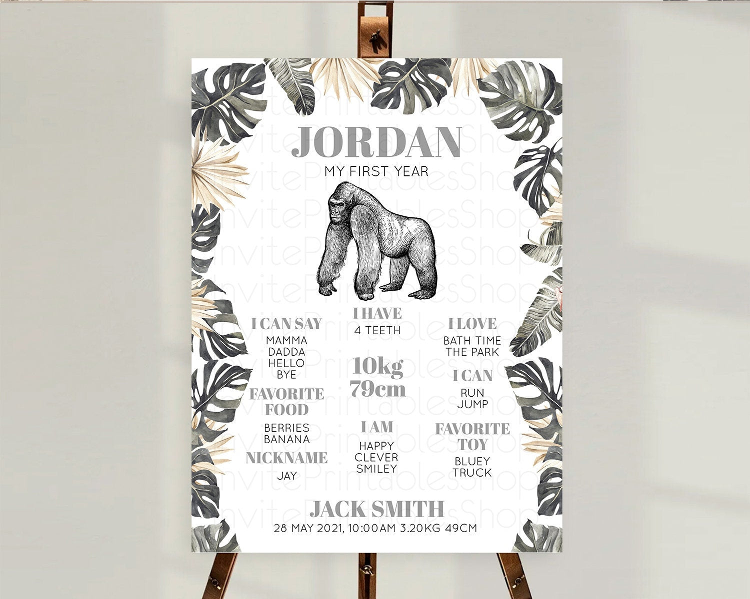 Editable Gorilla First Birthday Milestone Board Gorilla Milestone Poster Gor