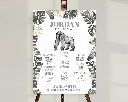 Editable Gorilla First Birthday Milestone Board Gorilla Milestone Poster Gor