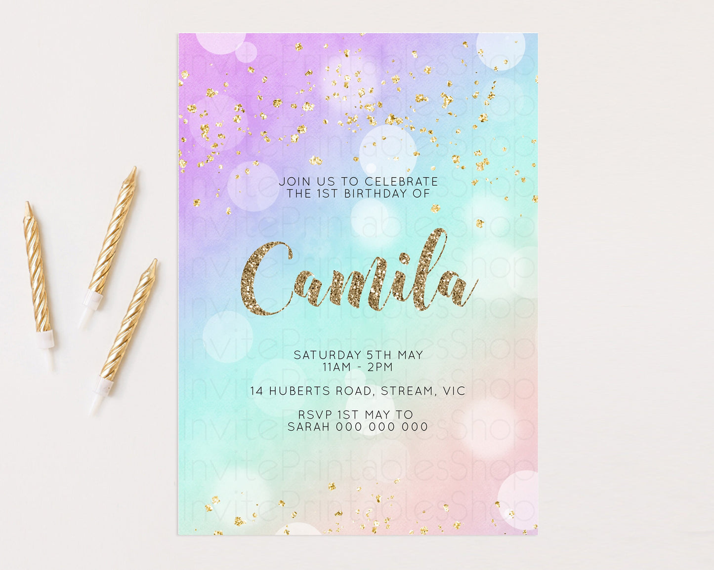 Rainbow Birthday Invitation Pastel Birthday Invite Ombre Watercolor Invite Enchanted Theme Colorful Splash Glitter Sprinkles 1st 2nd 3rd