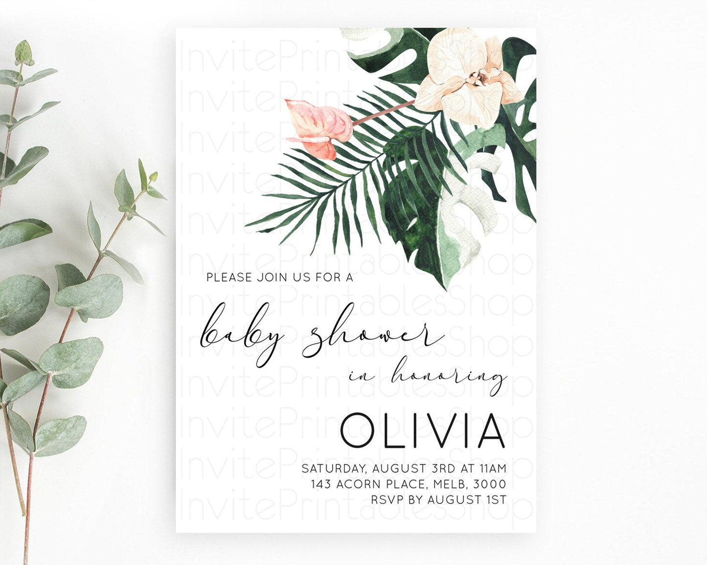 Tropical baby Shower Invitation Tropical Floral Baby Shower Invitation Palm Leaf Fern Invitation Frangipani White Orchid Invitation D11016