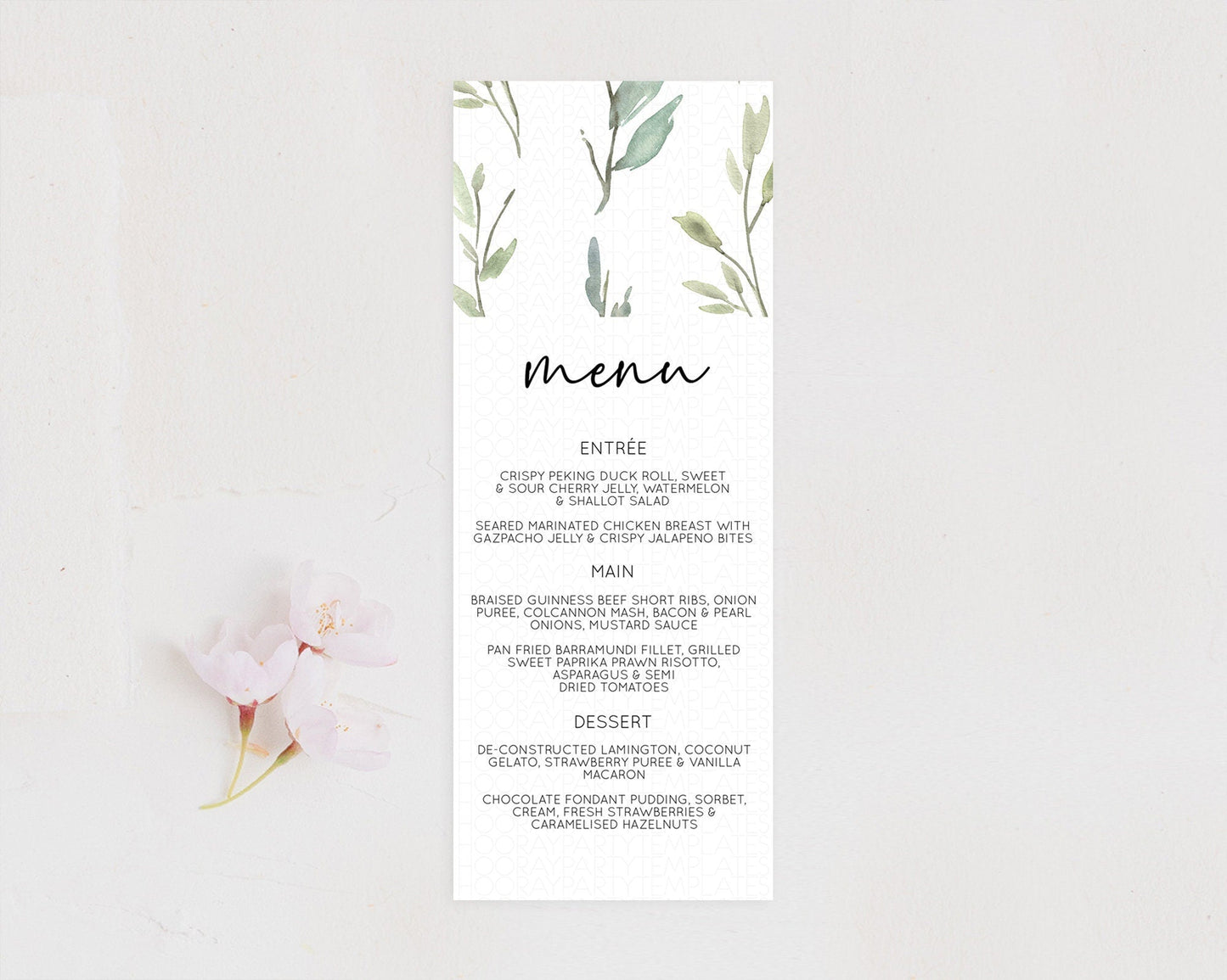 Leafy Menu Green Leaf Menu Template Eucalyptus Fern Leaves Decor Watercolor Boho Garden Leaf Branch Dinner Dessert Party Food Menu D11058
