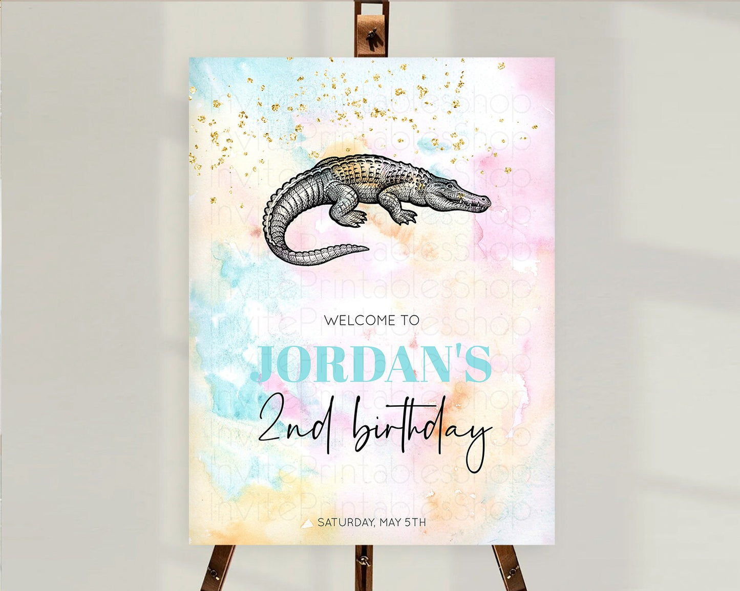 Pastel Crocodile Welcome Sign Pastel Alligator Welcome Board Safari Colorful Watercolor Rainbow First Birthday Welcome Sign D10285