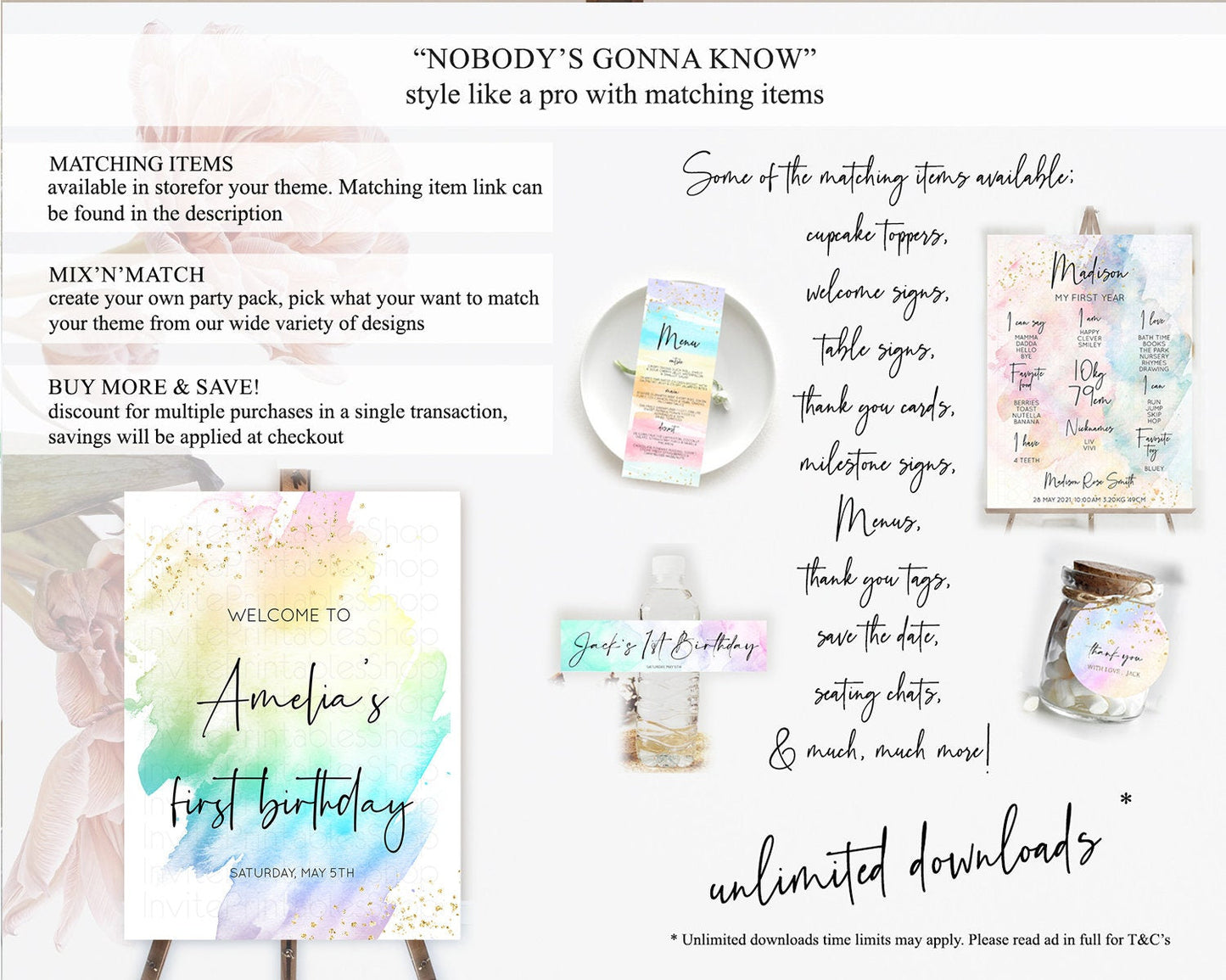 Pastel Welcome Sign Pastel Rainbow Welcome Sign Colorful Rainbow Confetti Watercolor Glitter Pastel First Birthday Welcome Sign D10279
