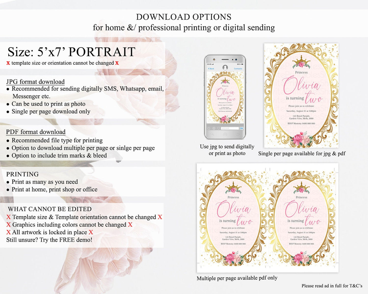 Princess Birthday Invitation Castle Invitation Royal Birthday Fairy Tale Enchanted Mirror Pastel Floral Garden 1st First Birthday D10743
