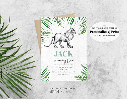 Editable Lion Birthday Invitation Watercolor Lion Invite Tropical Palms Jung