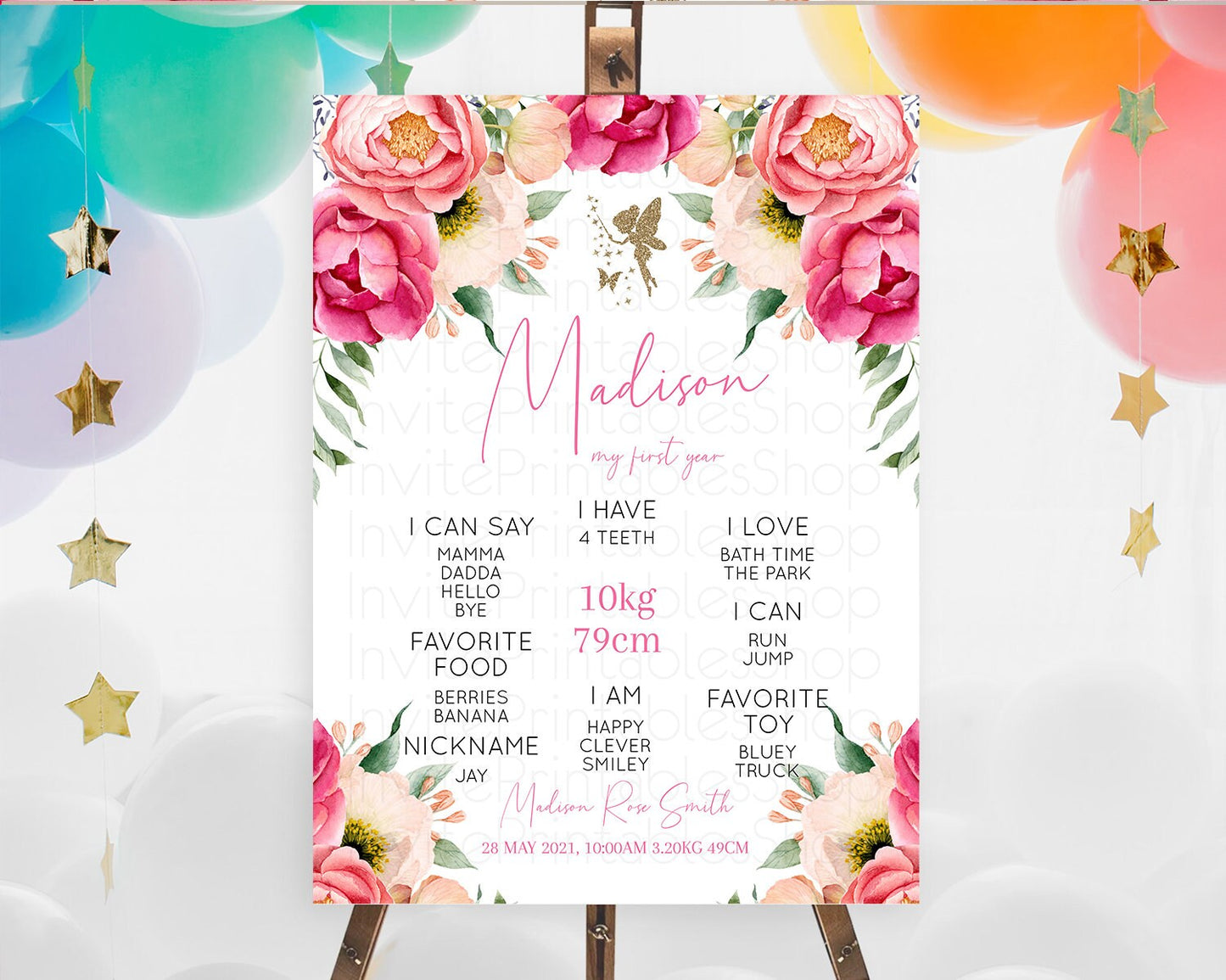 Fairy First Birthday Milestone Poster Fairy Secret Garden Milestone Board Enchanted Garden Pastel Floral Butterfly 1st Birthday Sign D10883