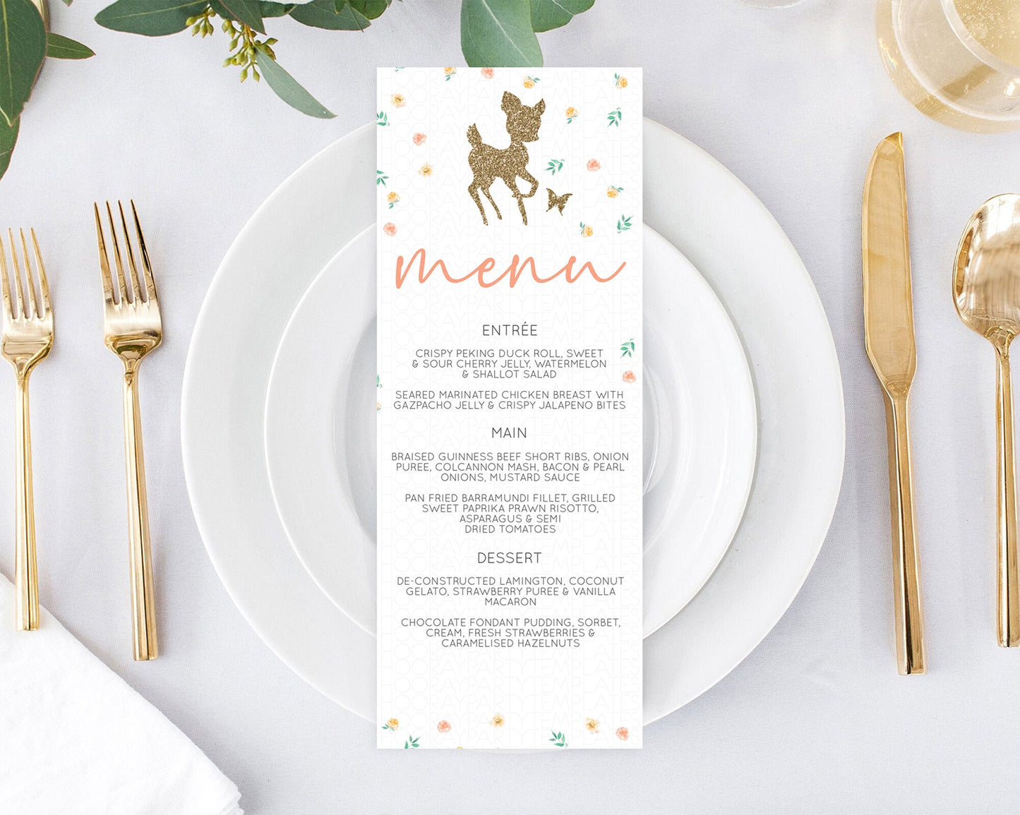 Fawn Menu Deer Menu Template Pastel Floral Deer Table Decor Enchanted Forest Butterfly Floral Dinner Dessert Menu Party Food Menu D10355