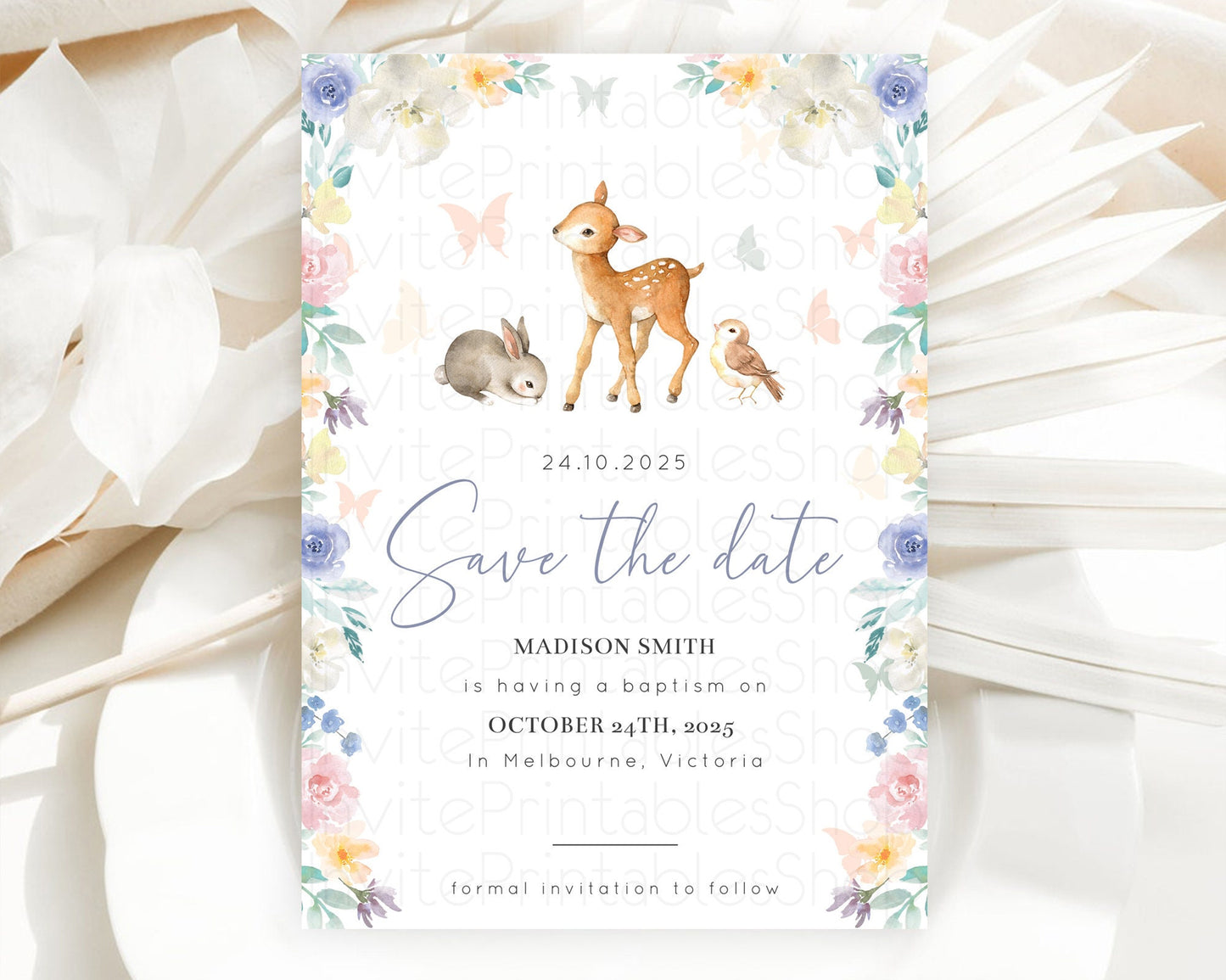 Fawn Deer Save The Date Template Pastel Floral Deer Enchanted Forest Butterfly Party 1st Birthday Baptism Baby Shower Bridal Shower D10930