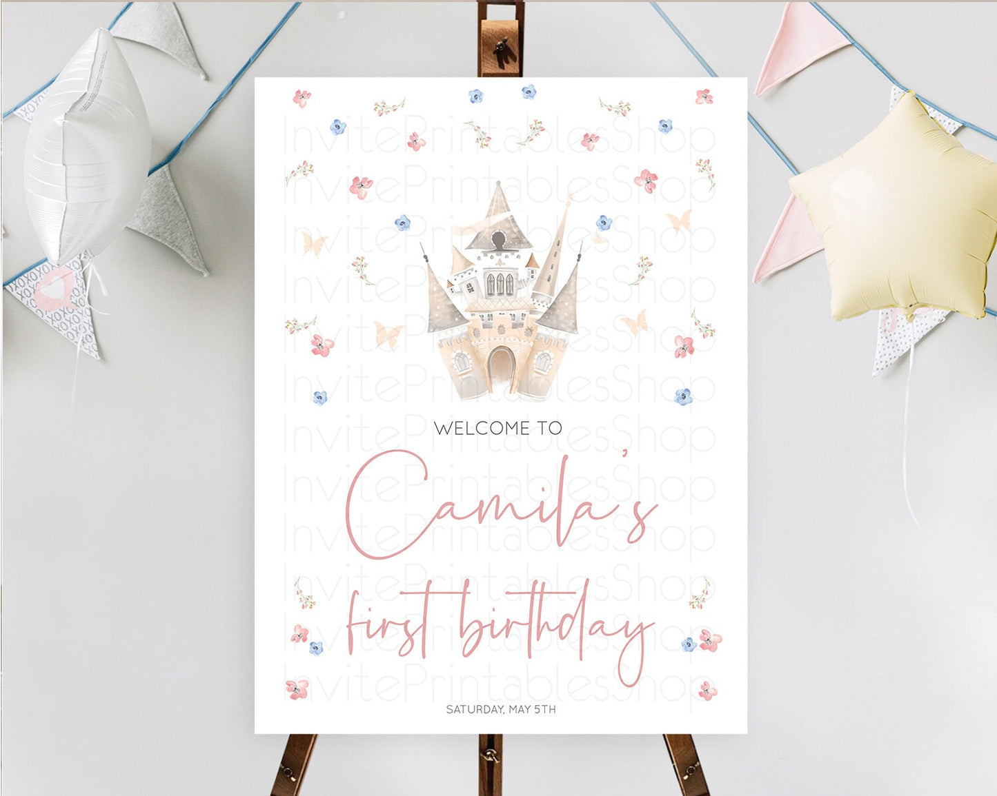 Princess Birthday Welcome Sign Castle Welcome Board Secret Garden Enchanted Castle Pastel Floral Garden First Birthday Welcome Sign D10364