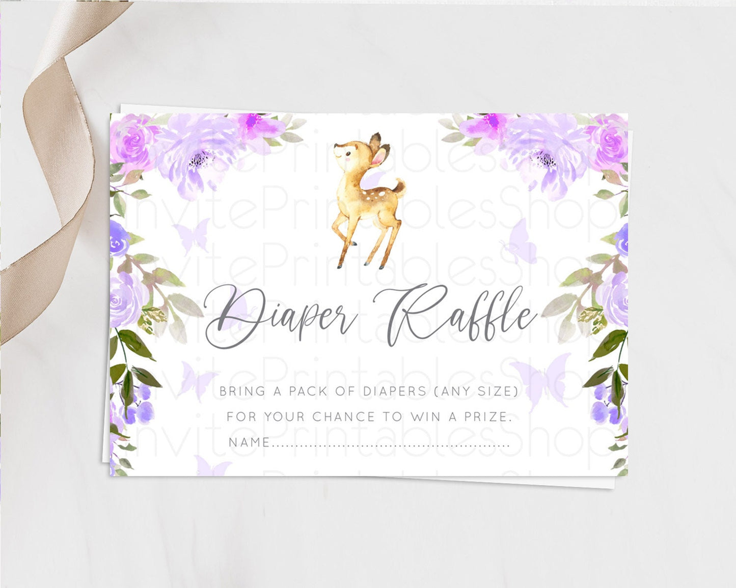 Fawn Diaper Raffle Card Deer Diaper Insert Floral Deer Diaper Ticket Enchanted Forest Butterfly Pastel Baby Shower Raffle Game D10916