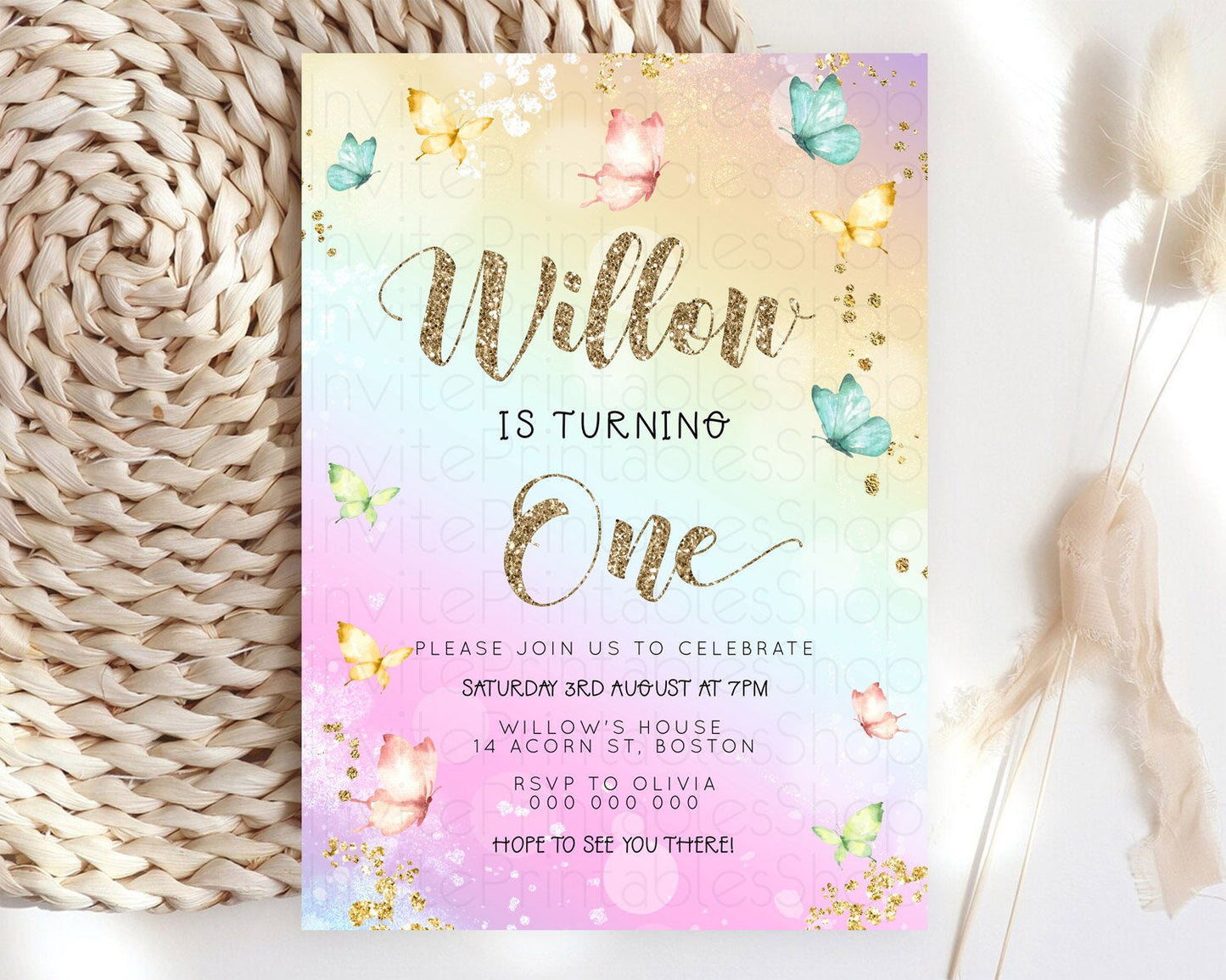Pastel Butterfly Birthday Invitation Butterfly Birthday Invitation Colorful Splash Glitter Butterfly Garden 1st 2nd Birthday D23084