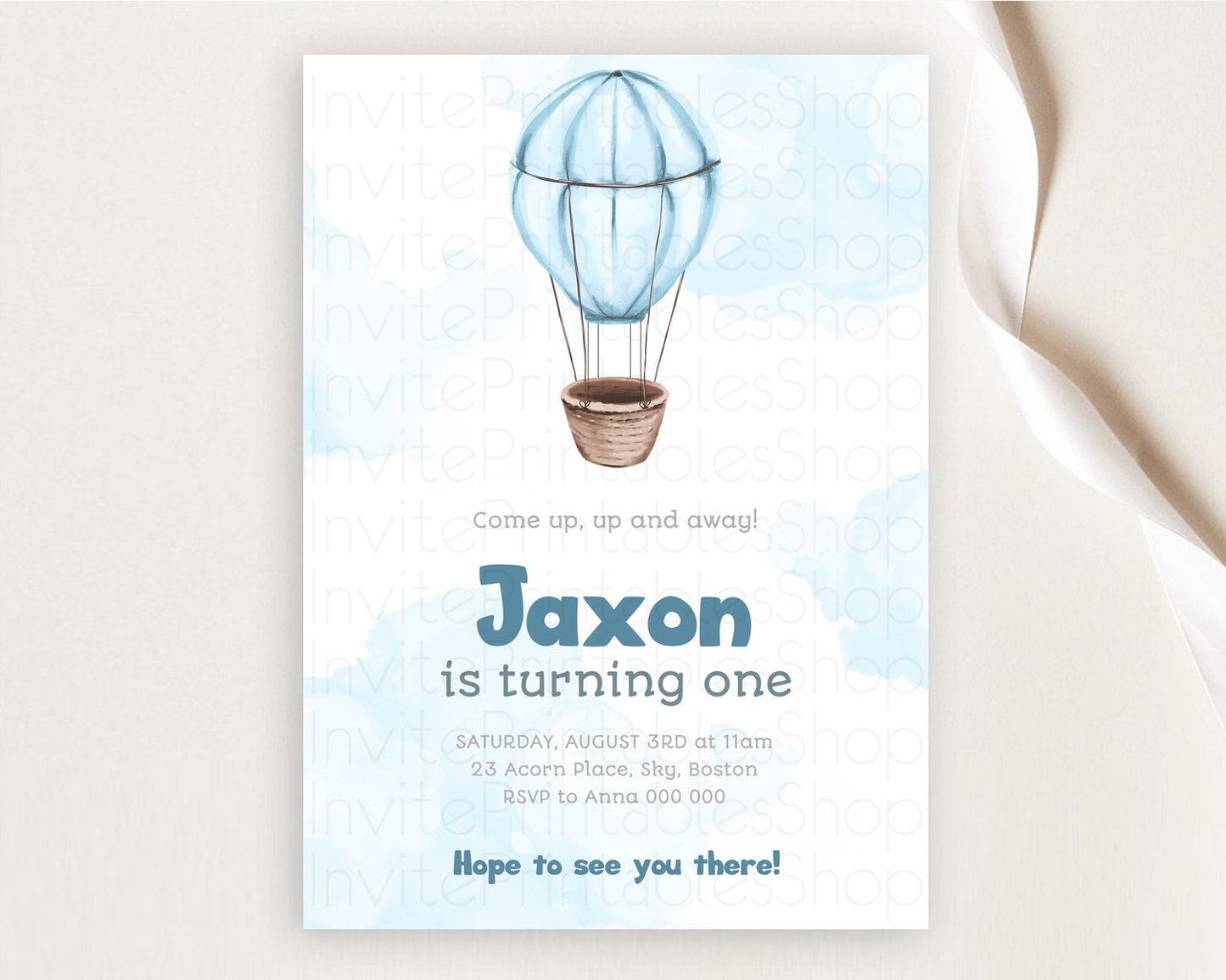 Hot Air Balloon Birthday Invitation Hot Air Balloon Invites Adventure Awaits Up Up & Away Glitter Blue Watercolor 1st Birthday Boy D10321