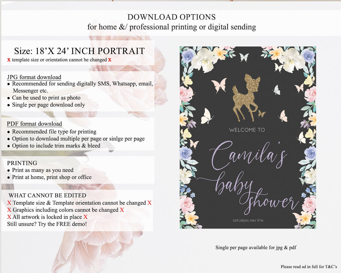 Fawn Baby Shower Welcome Sign Deer Welcome Board Floral Deer Welcome Poster Enchanted Forest Butterfly Pastel Floral Welcome Sign D10323