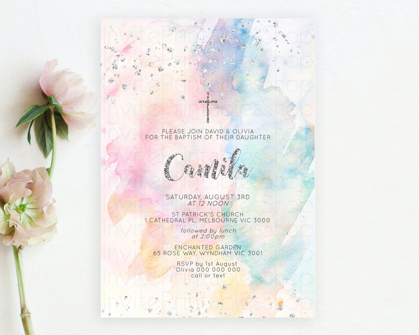 Rainbow Baptism Invitation Colorful Pastel Watercolor Baptism 1st Birthday Invitation Silver Glitter Ombre Christening Invitation D10944