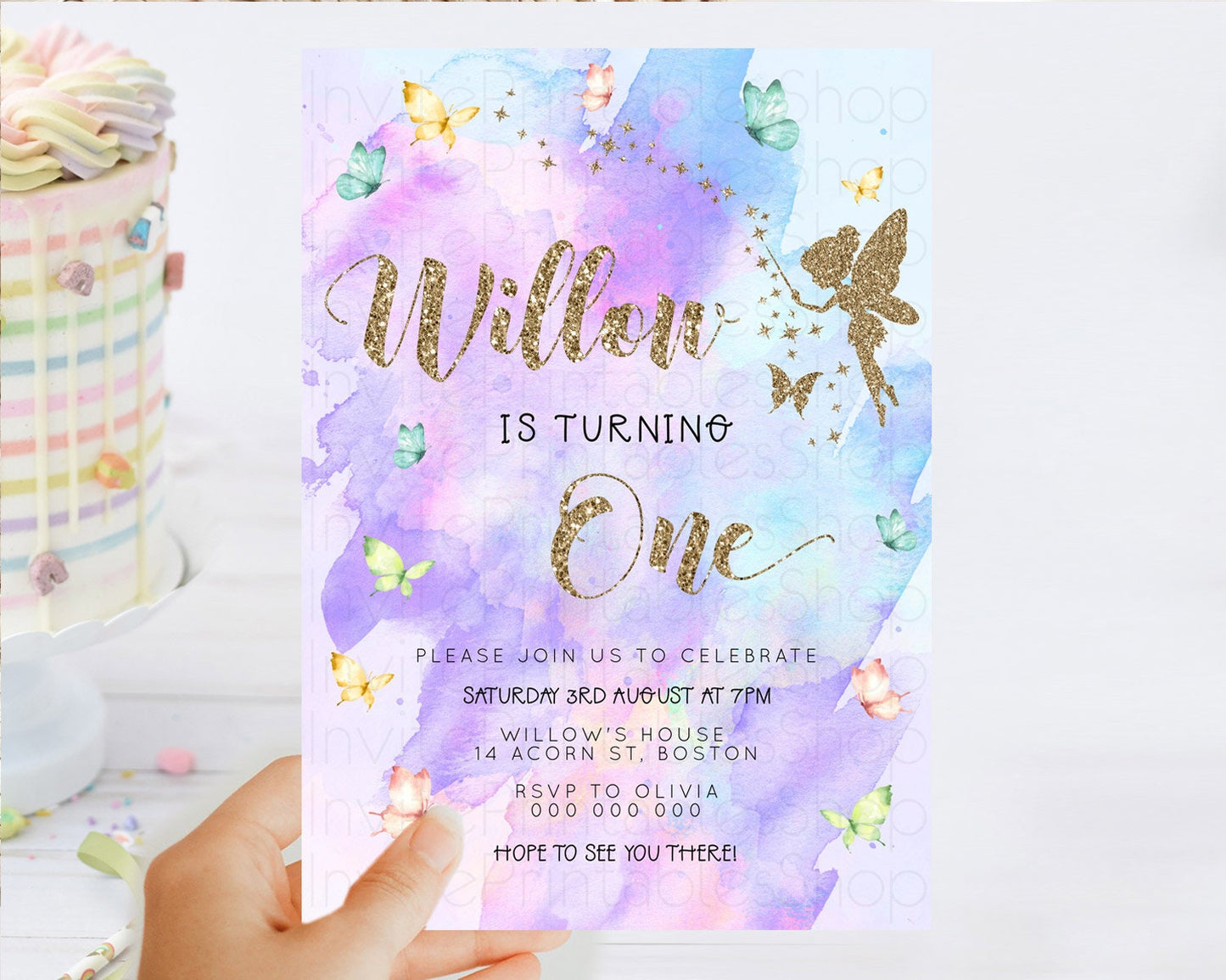 Pastel Fairy Birthday Invitation Pastel Butterflies Fairy Birthday Invitation Rainbow Ombre Watercolor 1st 2nd Birthday Invitation D23343