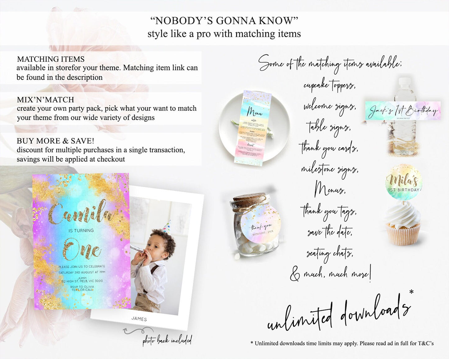 Rainbow Birthday Invitation Colorful Pastel Watercolor Invitation Gold Glitter Sprinkles Ombre Pastel 1st 2nd 3rd Birthday D10564