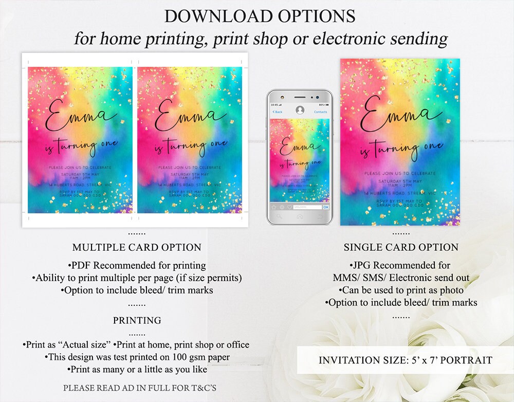 Tie Dye Rainbow Birthday Invitation Ombre Pastel Invitation Colorful Watercolor Splash Gold Glitter Sprinkles Printable Digital Invite