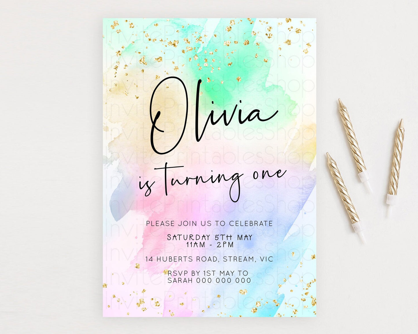 Pastel Birthday Invitation Ombre Watercolor Birthday Invitation Glitter Rainbow Color Splash 1st 2nd 3rd Birthday Invitation D23075