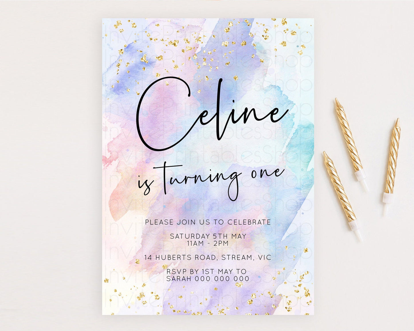 Rainbow Birthday Invitation Colorful Pastel Watercolor Invitation Gold Glitter Sprinkles Ombre Pastel 1st 2nd 3rd Birthday D10585