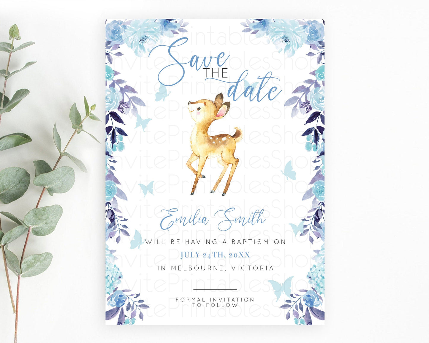 Fawn Deer Save The Date Template Pastel Floral Deer Enchanted Forest Butterfly Party 1st Birthday Baptism Baby Shower Bridal Shower D10917