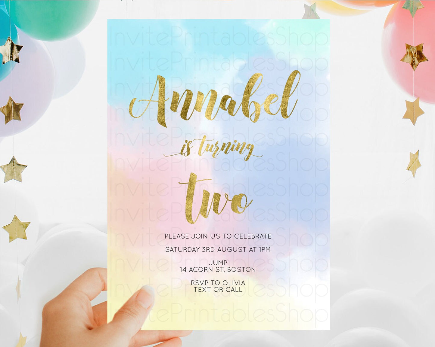 Rainbow Birthday Invitation Colorful Pastel Watercolor Invitation Gold Glitter Sprinkles Ombre Pastel 1st 2nd 3rd Birthday D10892