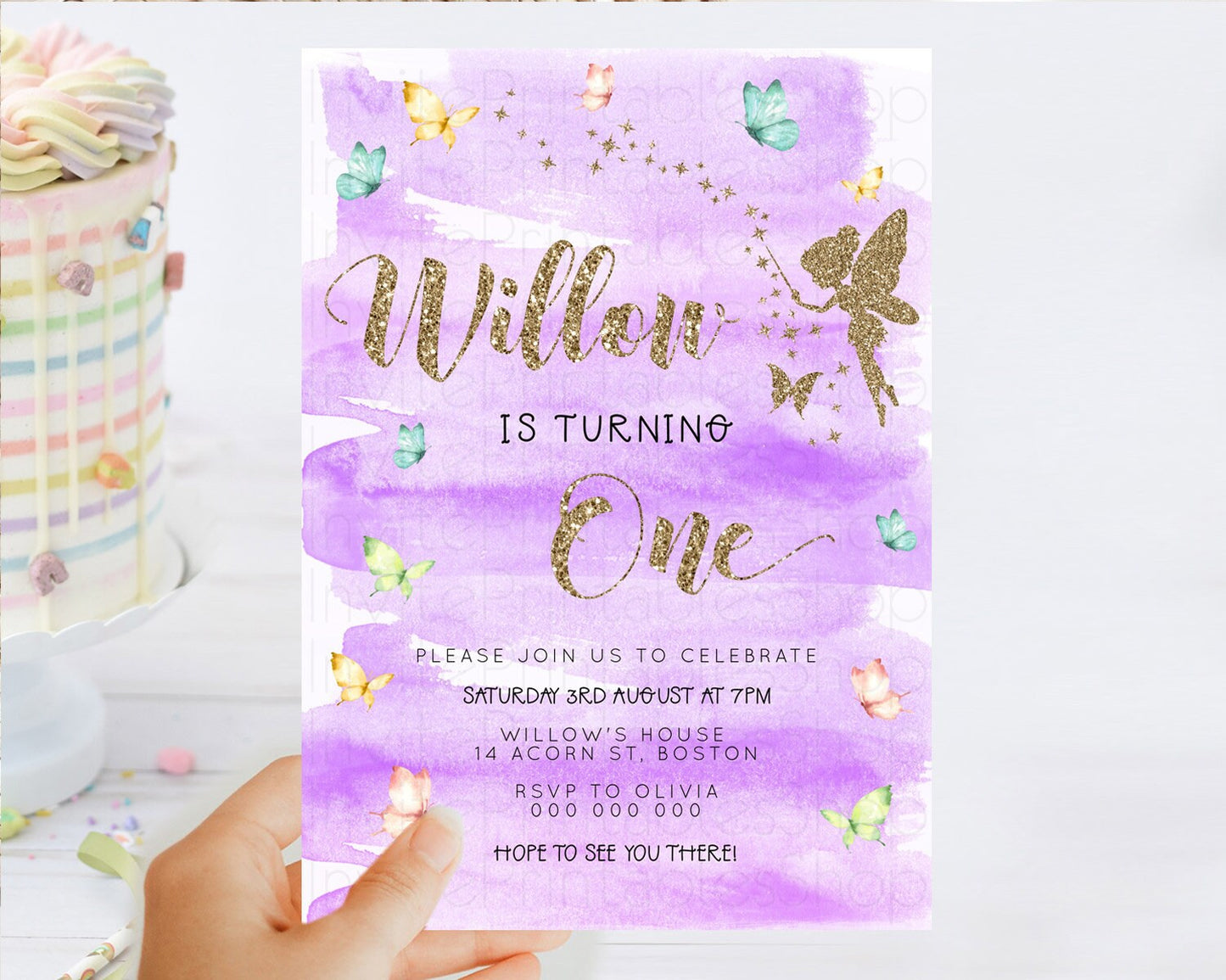 Pastel Fairy Birthday Invitation Pastel Butterflies Fairy Birthday Invitation Rainbow Ombre Watercolor 1st 2nd Birthday Invitation D23327