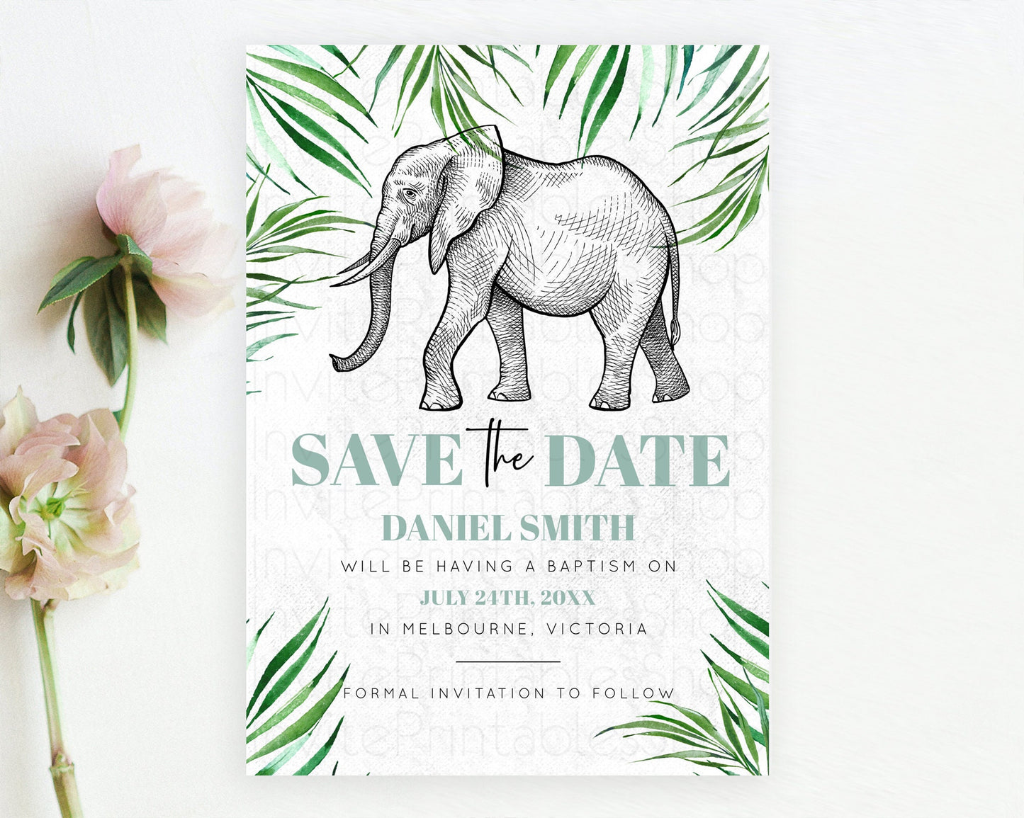 Elephant Save The Date Template Elephant Safari Adventure Party Dried Palm Fern Zoo 1st Birthday Baptism Baby Shower Bridal Shower D10850