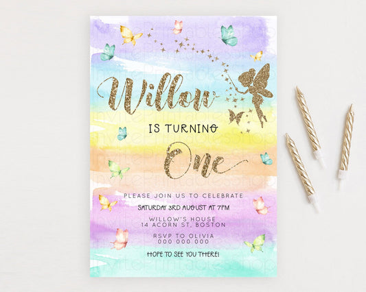 Pastel Fairy Birthday Invitation Pastel Butterflies Fairy Birthday Invitation Rainbow Ombre Watercolor 1st 2nd Birthday Invitation D23315