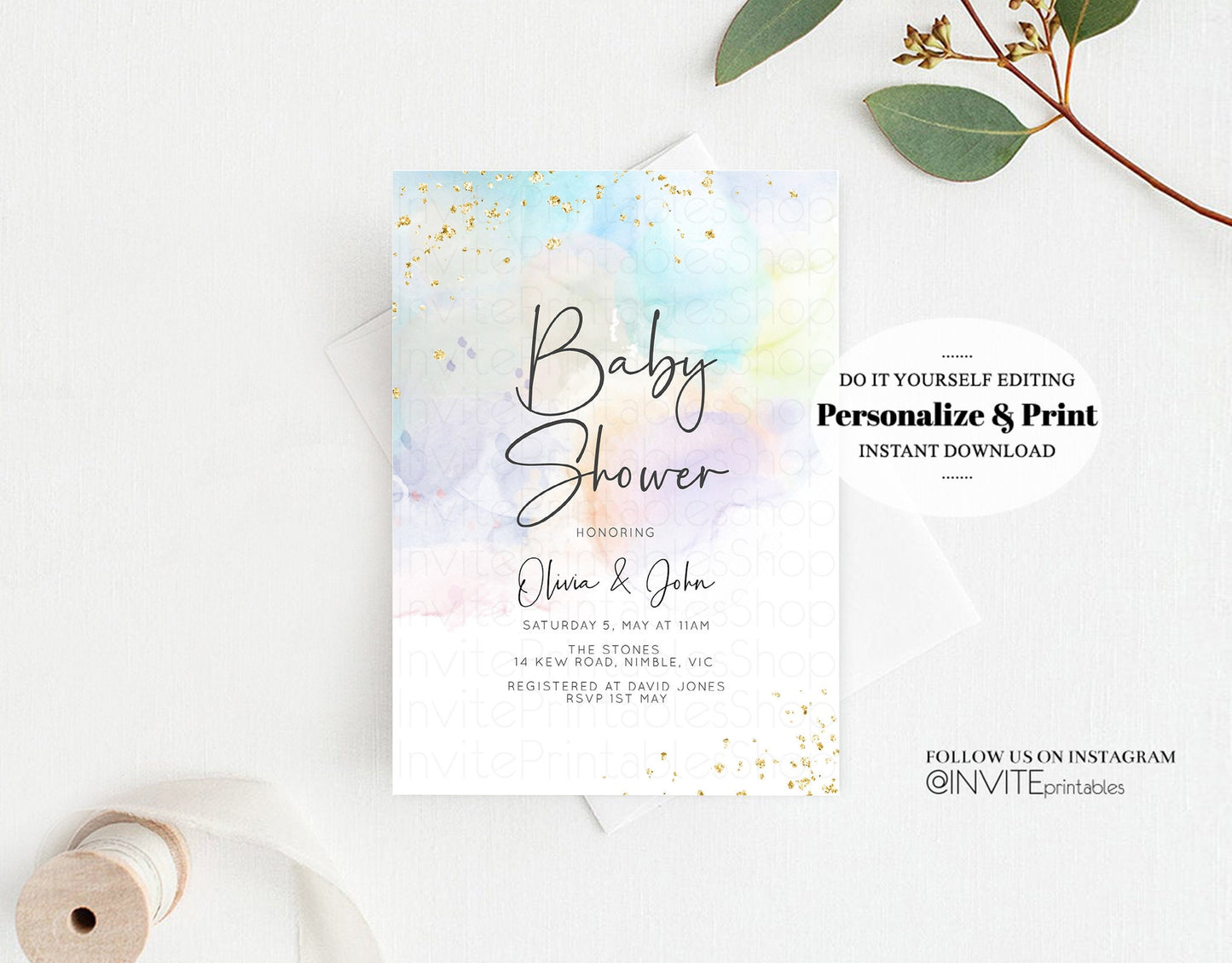 Rainbow Baby Shower Invitation Pastel Colorful Watercolor Gold Glitter Foil Sprinkles Confetti Gender Neutral Editable Instant Download 136