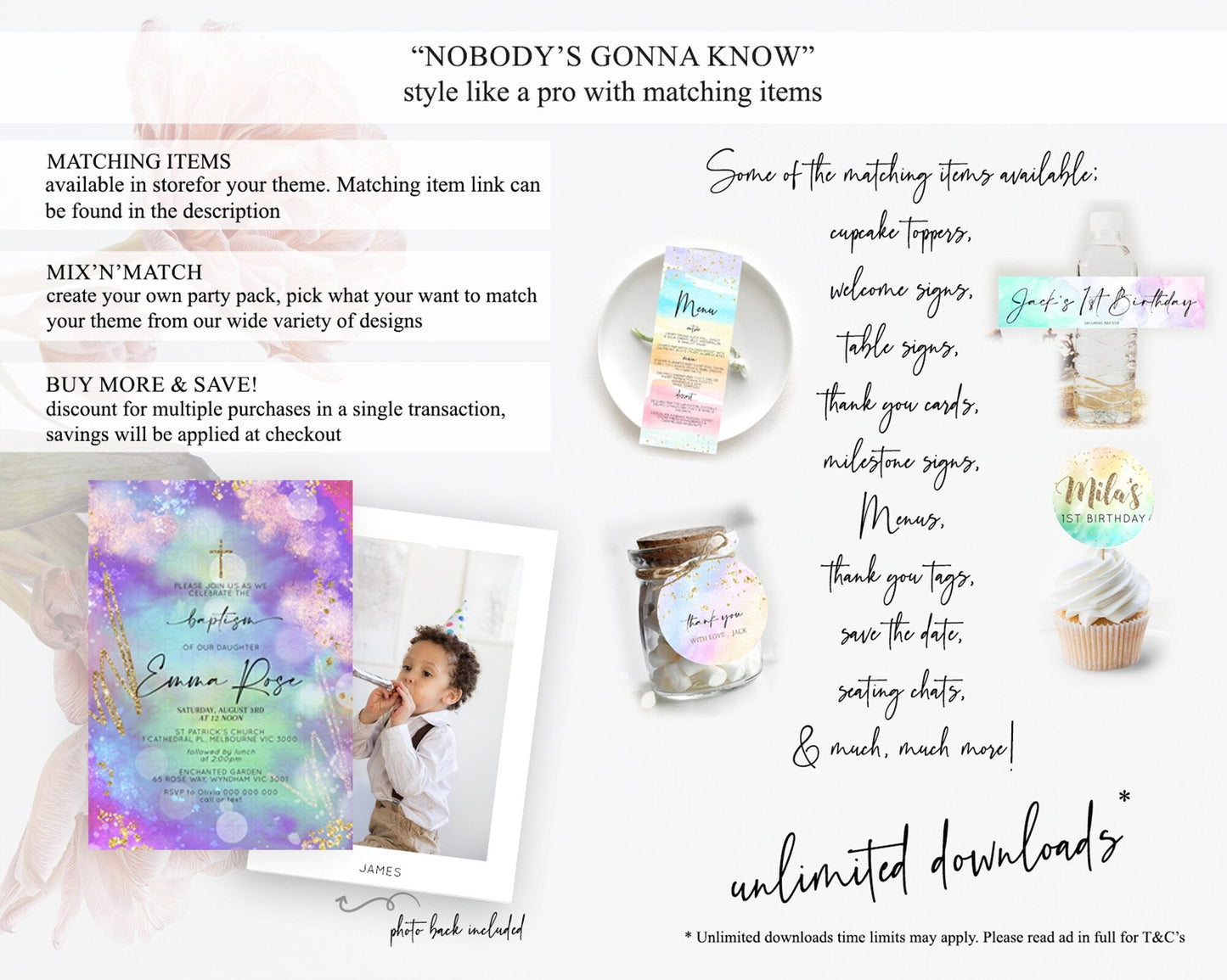 Pastel Baptism Invitation Pastel Colors Watercolor Baptism 1st Birthday Party Gold Ombre Pastel Rainbow Christening Holy Communion D10680