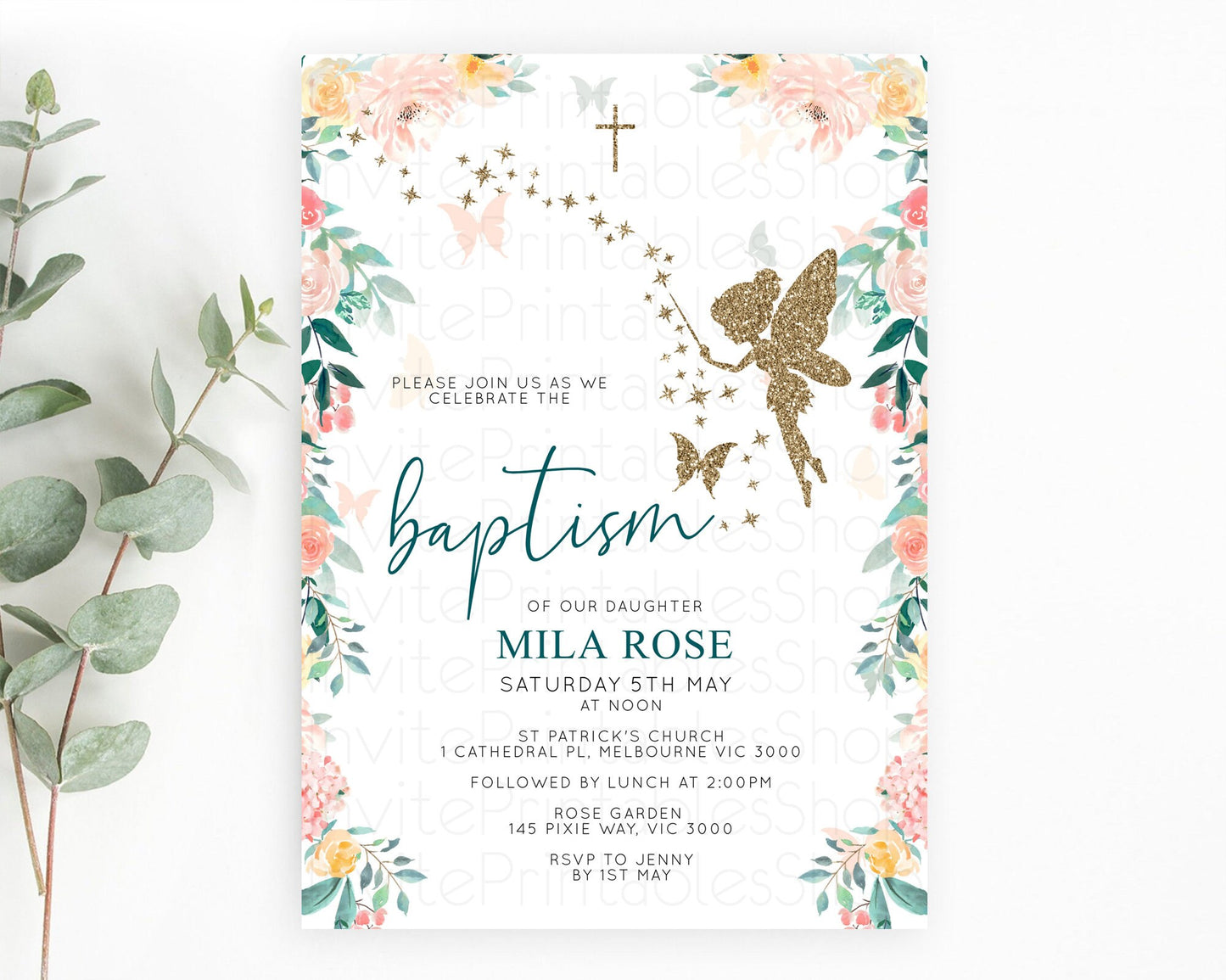 Fairy Baptism Invitation Fairy Baptism 1st Birthday Invitation Enchanted Secret Garden Christening Invite Pastel Floral Butterfly D10239