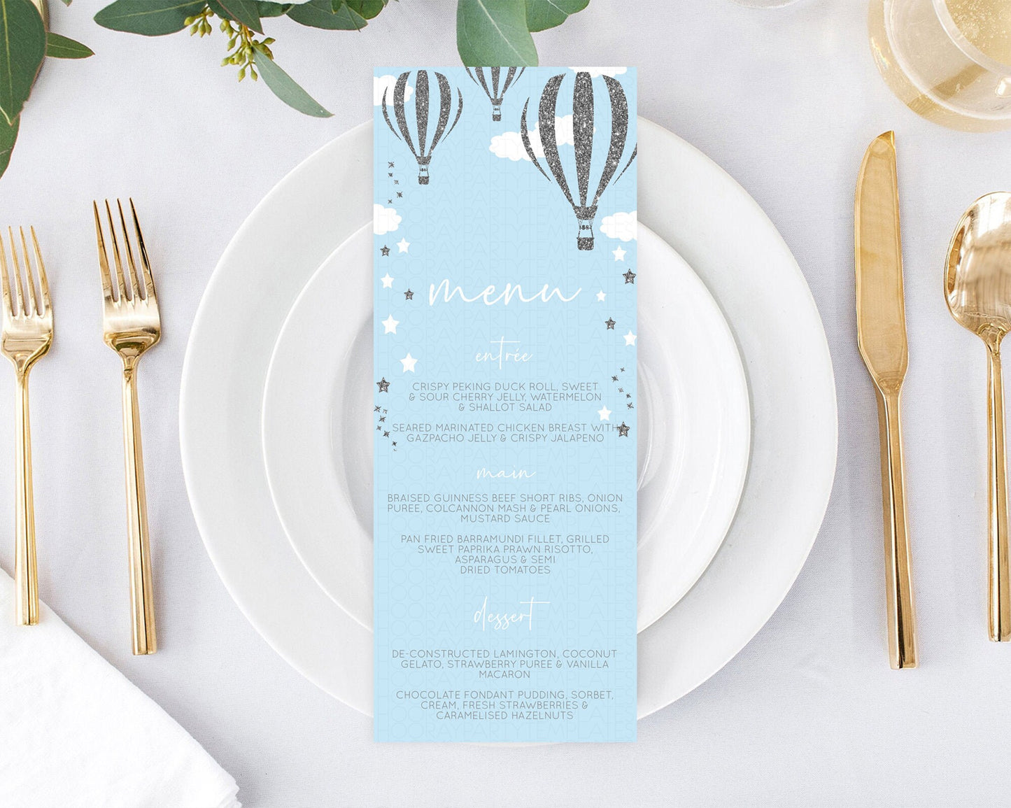 Hot Air Balloon Menu Hot Air Balloon Menu Template Hot Air Balloon Table Decor Adventure Awaits Dinner Dessert Party Food Menu D10335