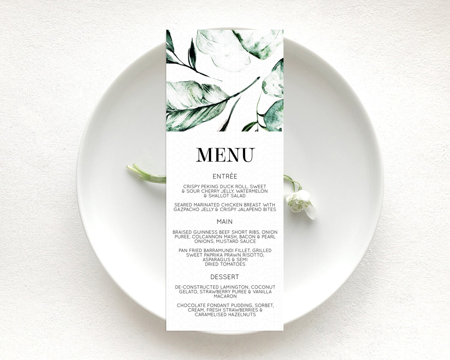 Tropical Menu Template Tropical Menu Palm Leaf Fern Table Decor Frangipani Floral White Orchid Dinner Dessert Menu Party Food Menu D11063