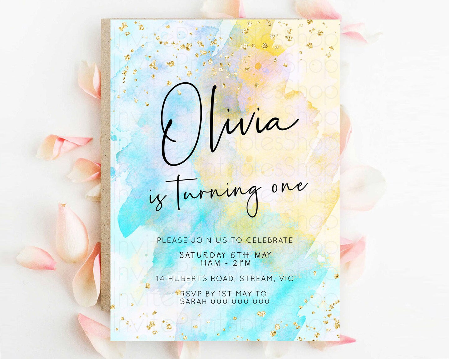 Pastel Birthday Invitation Ombre Watercolor Birthday Invitation Glitter Rainbow Color Splash 1st 2nd 3rd Birthday Invitation D23070