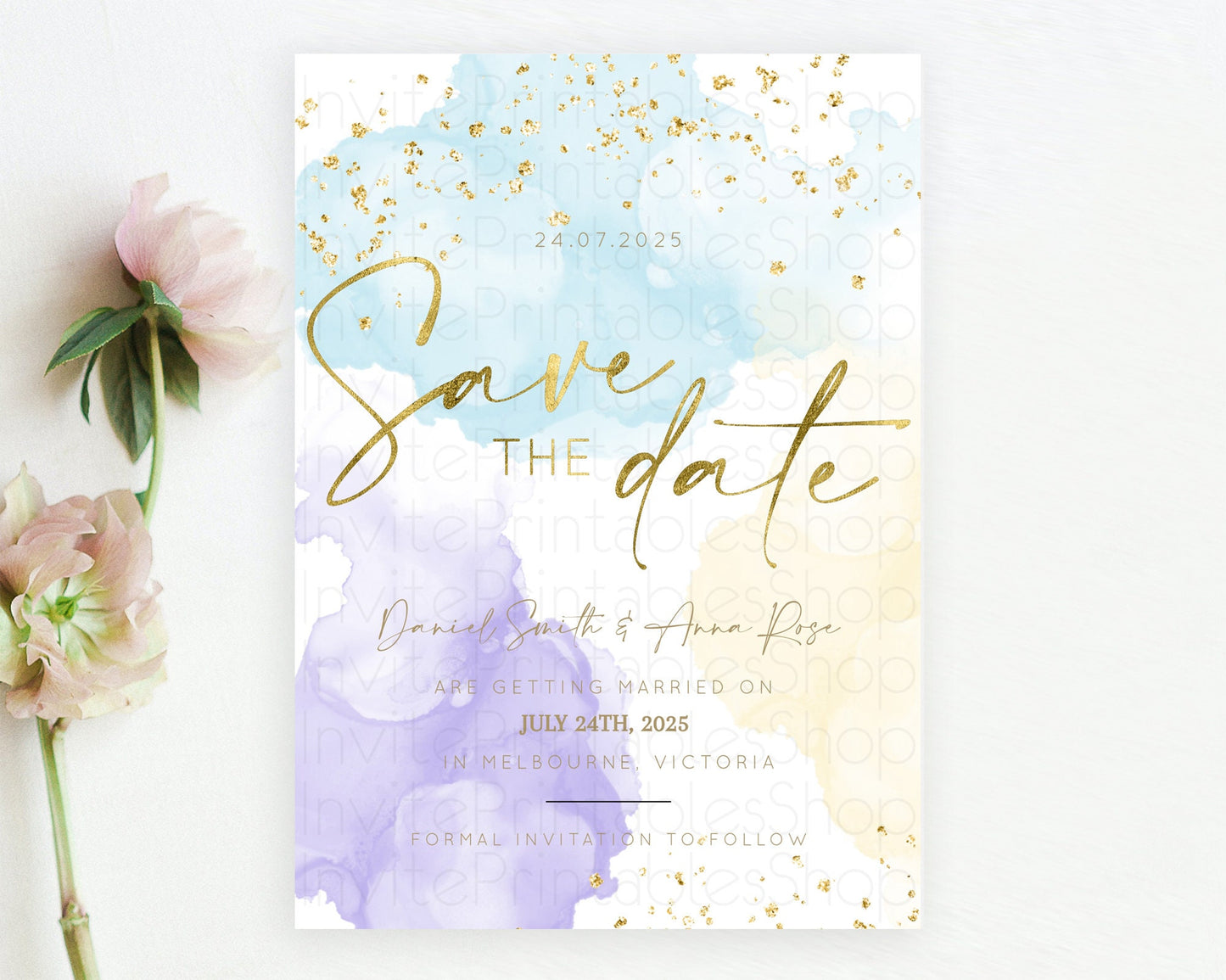 Editable Pastel Save The Date Template Pastel Ombre Rainbow Watercolor Color