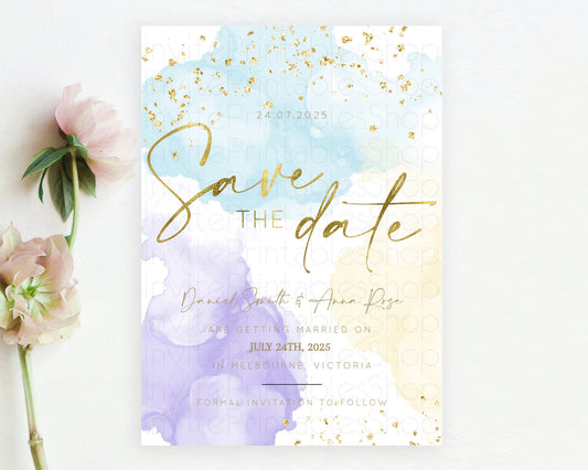 Editable Pastel Save The Date Template Pastel Ombre Rainbow Watercolor Color