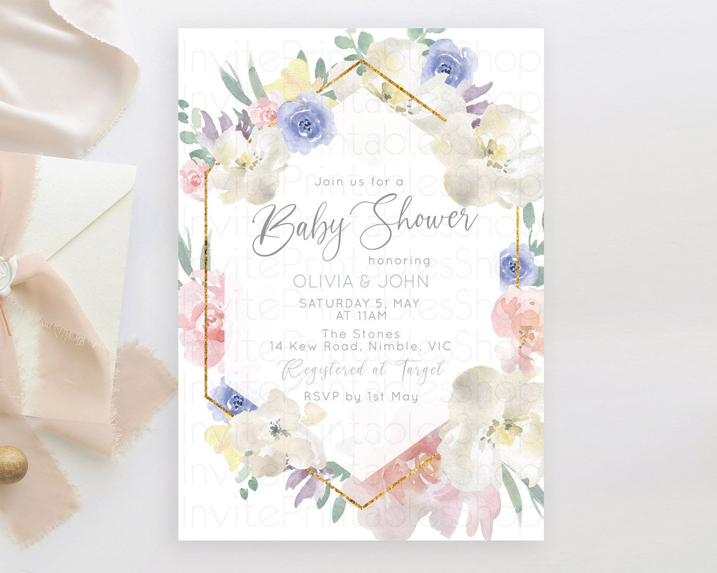 Wildflower Baby Shower Invitation, Enchanted Garden, Secret Garden, Pastel Flowers, Soft Pink, Blue White Floral, Blooms, Botanical D10254