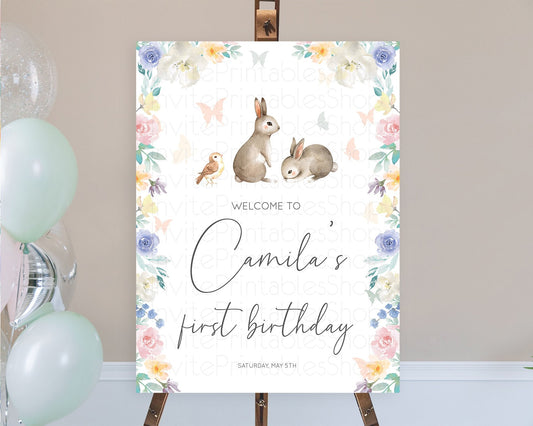 Bunny Welcome Sign Floral Bunny Welcome Board Pastel Flowers Woodland Bunny Welcome Poster Forest Bunny First Birthday Welcome Sign D10928