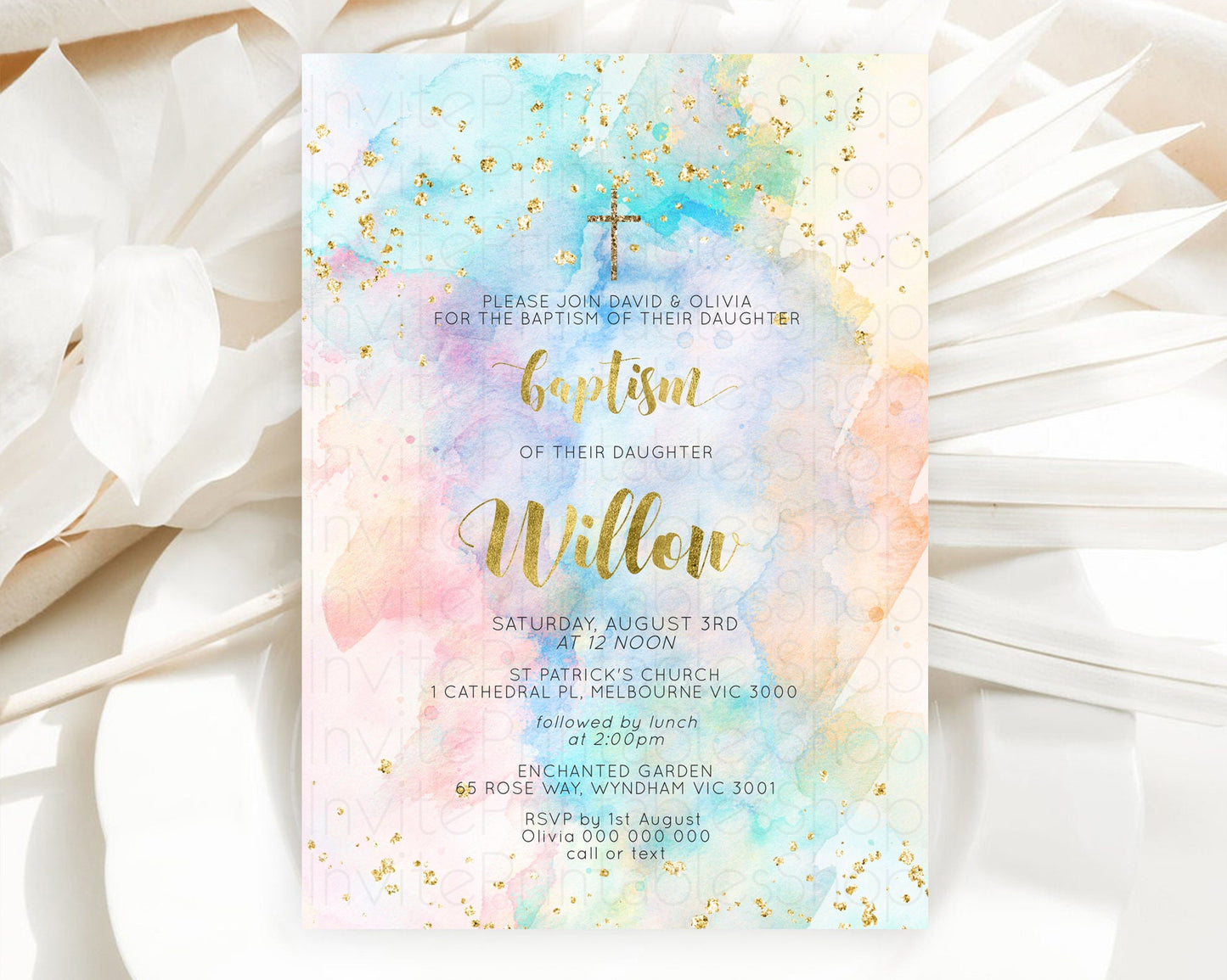 Pastel Baptism Invitation Pastel Colors Watercolor Baptism 1st Birthday Party Gold Ombre Pastel Rainbow Christening Holy Communion D10272