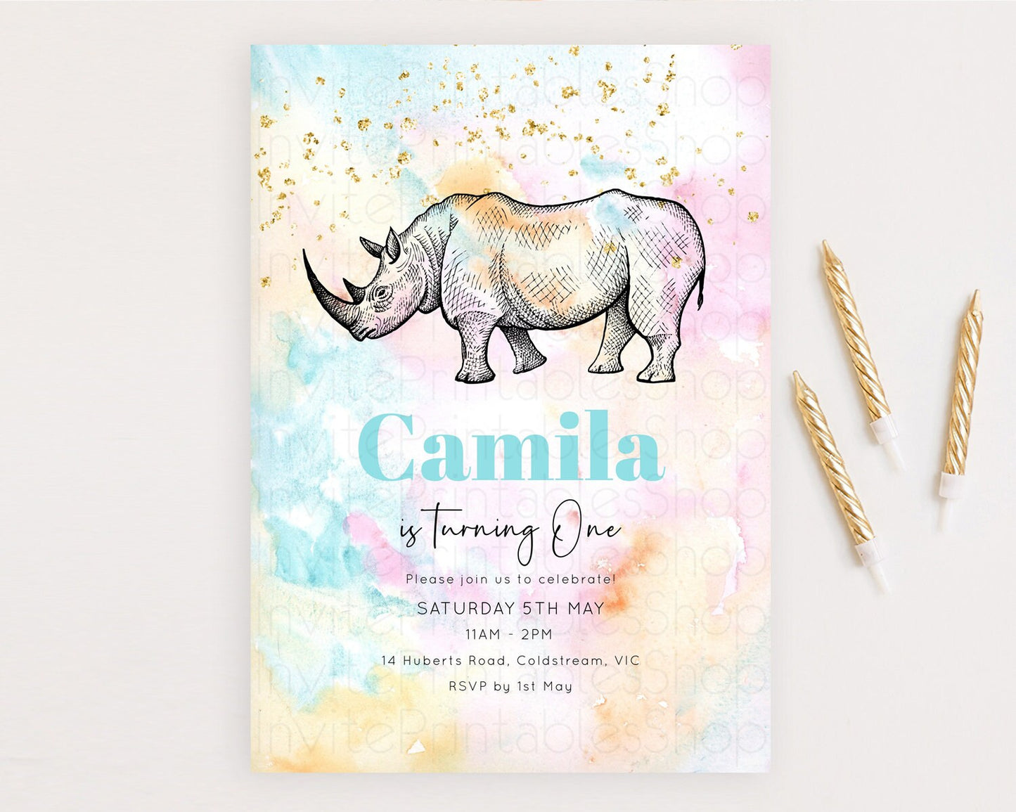 Rhino Birthday Invitation Rhino Invitation Rhino Birthday Pastel Watercolor Rhino Invitation Rainbow Rhino Party First Birthday D10287