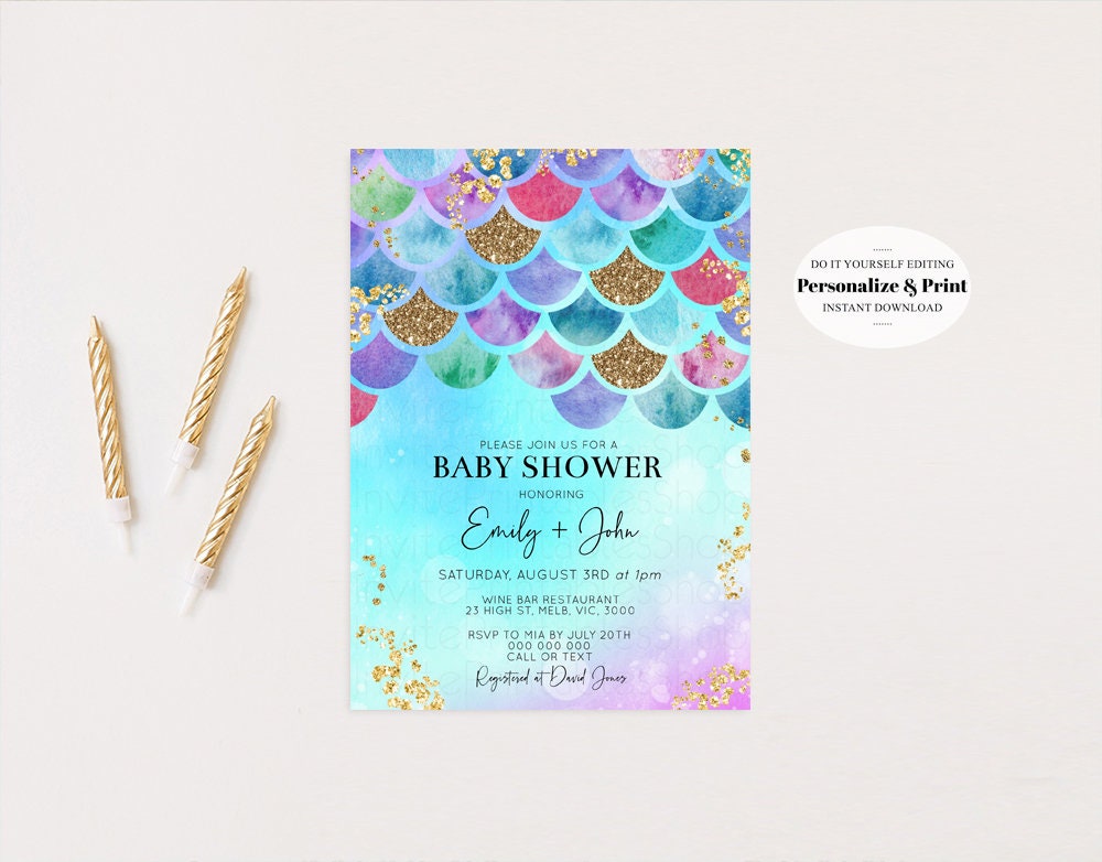 Editable Mermaid Baby Shower Invitation Pastel Rainbow Baby Invite Under the