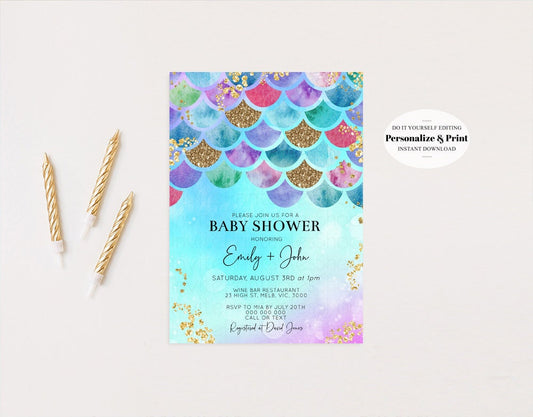 Editable Mermaid Baby Shower Invitation Pastel Rainbow Baby Invite Under the