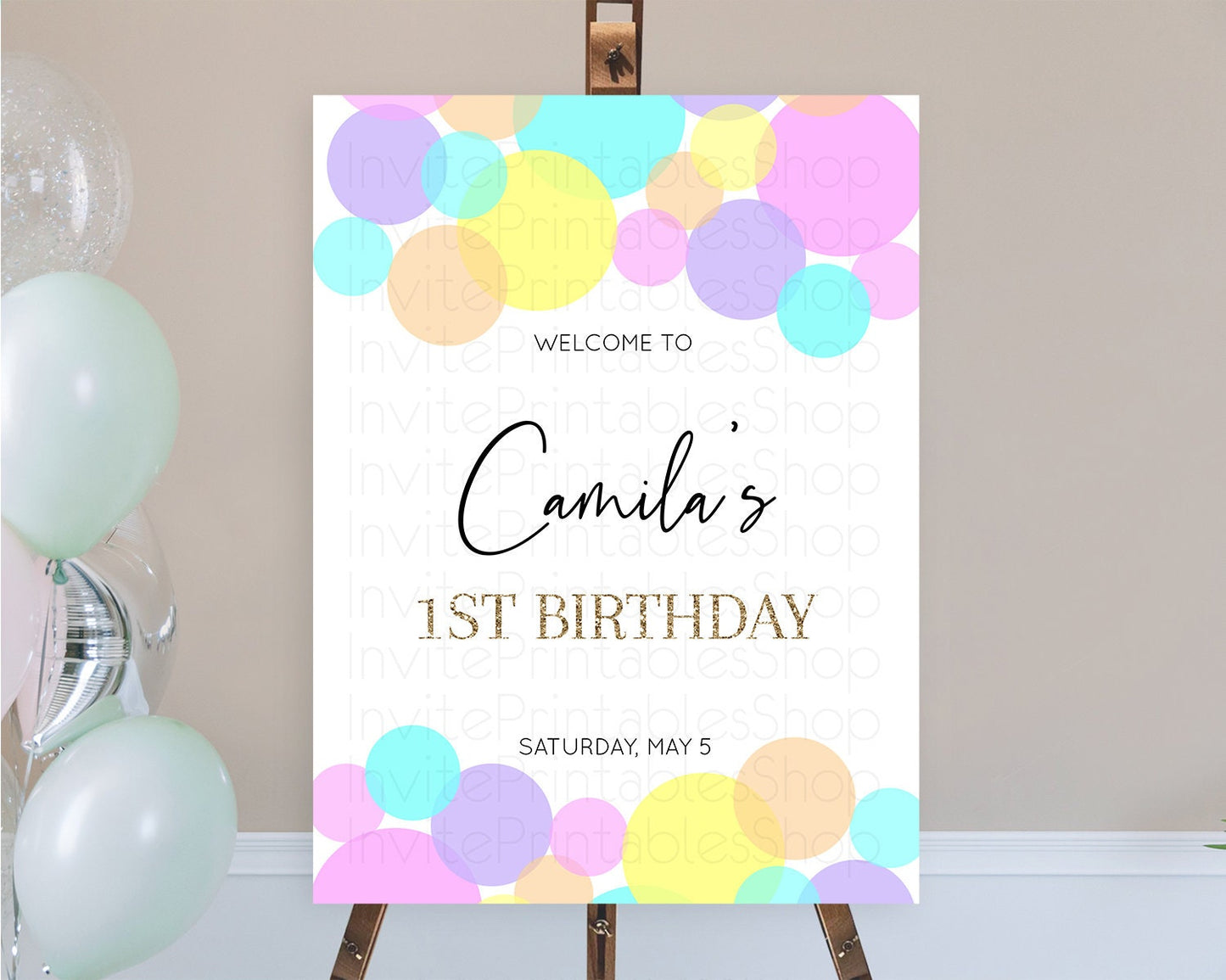 Rainbow Welcome Sign Pastel Welcome Board Pastel Rainbow Confetti Welcome Sign Colorful Bubbles Pastel First Birthday Welcome Sign D10407