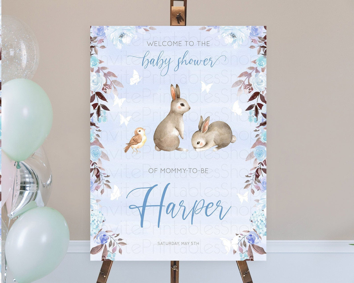Bunny Baby Shower Welcome Sign Floral Bunny Welcome Board Pastel Flowers Woodland Bunny Welcome Poster Forest Bunny Welcome Sign D10923