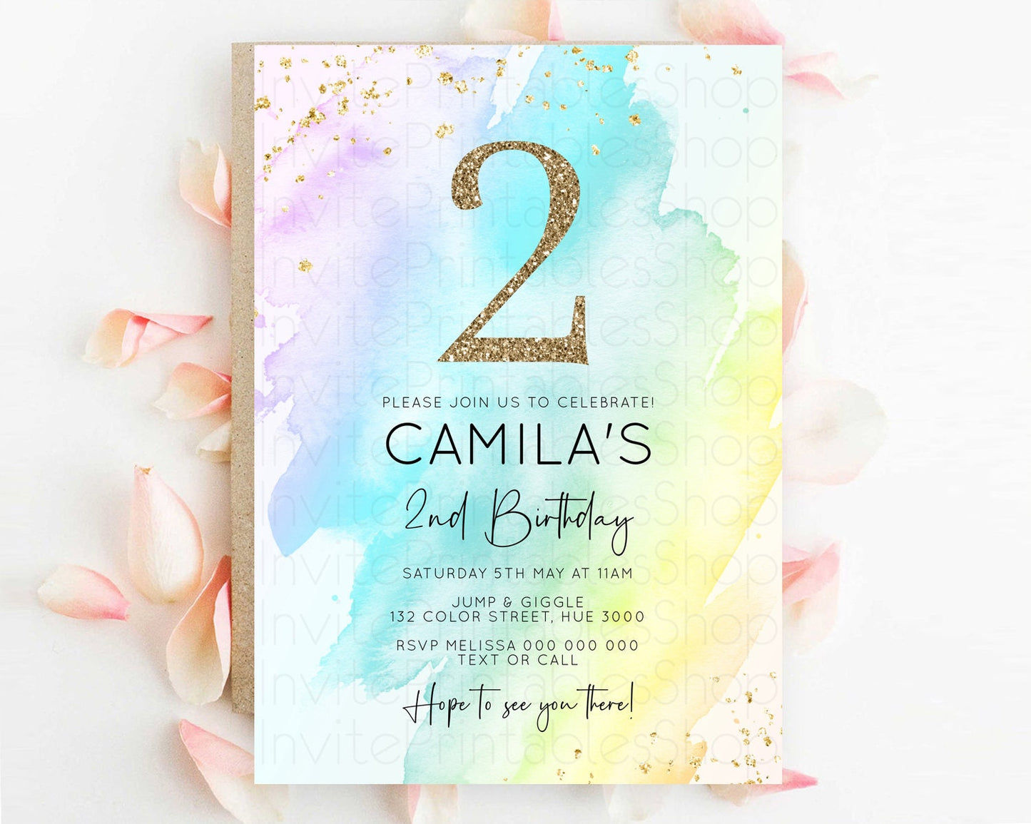 Rainbow Birthday Invitation Colorful Pastel Watercolor Invitation Gold Glitter Sprinkles Ombre Pastel 1st 2nd 3rd Birthday D10171