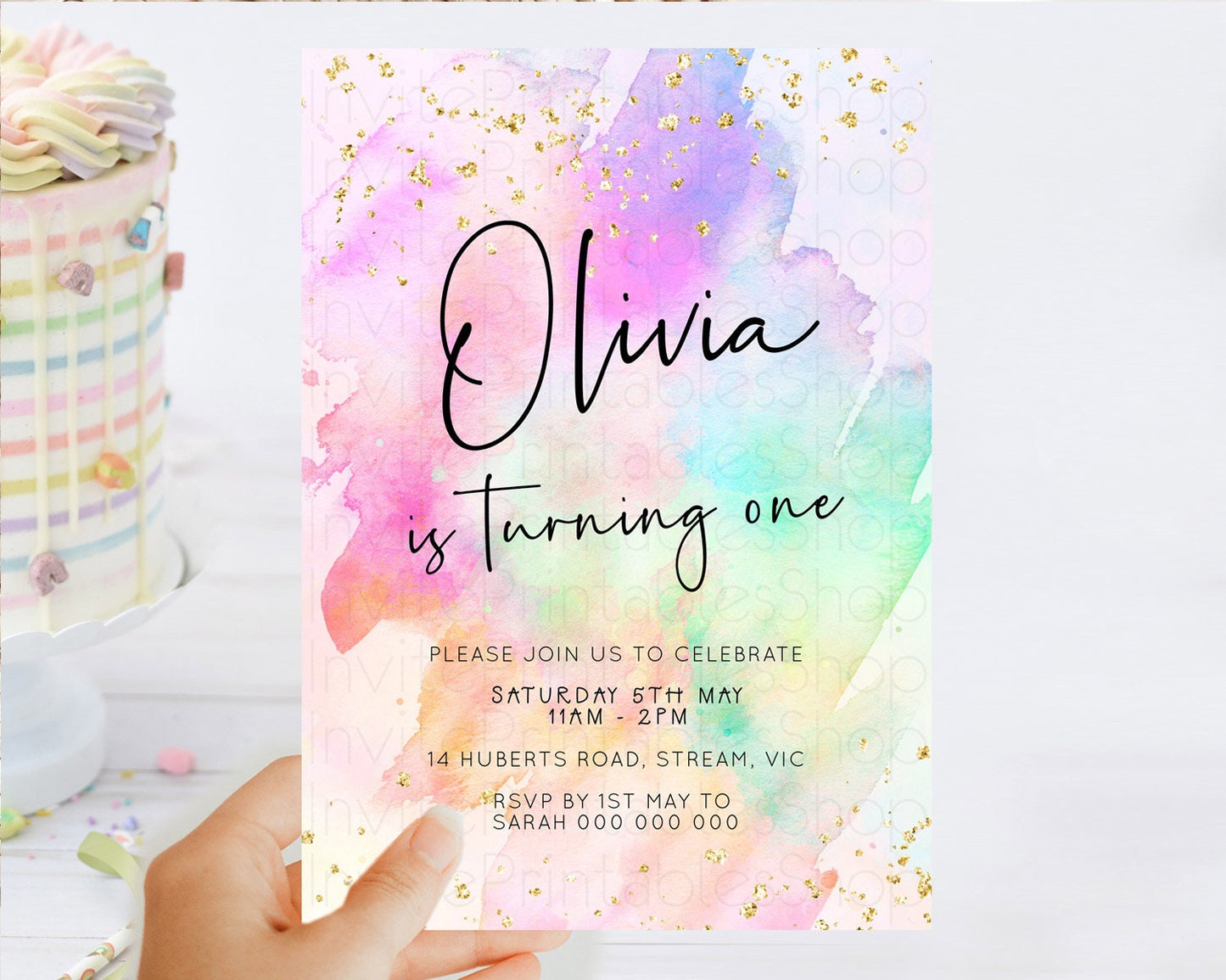 Pastel Birthday Invitation Ombre Watercolor Birthday Invitation Glitter Rainbow Color Splash 1st 2nd 3rd Birthday Invitation D23059